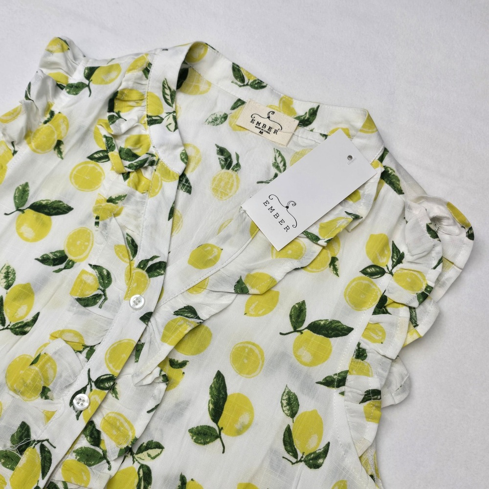 Ember Lemon Print Ruffle Button Front Linen Tank Top Medium Citrus Light Italy - Picture 1 of 8